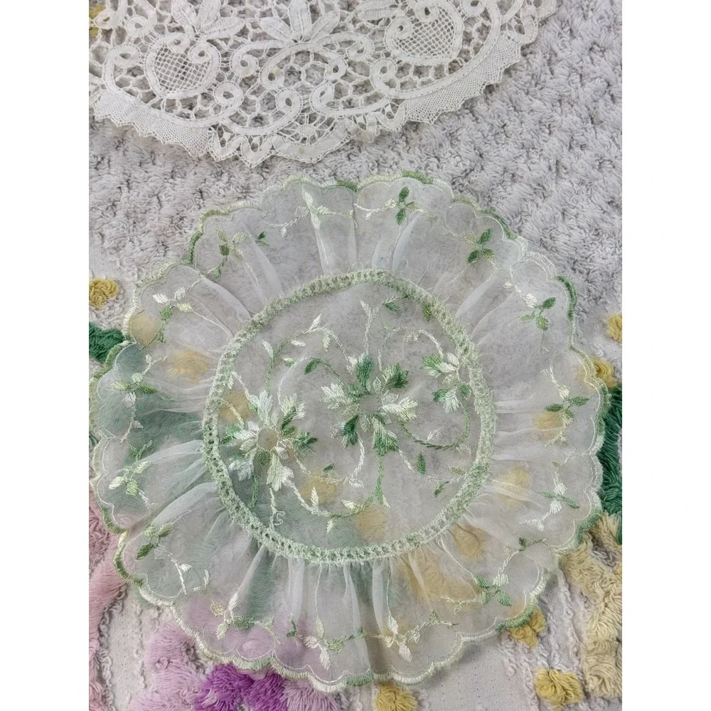 Vintage Lace Doily Set Cream Battenberg Lace & Green Embroidered Organza 2pc